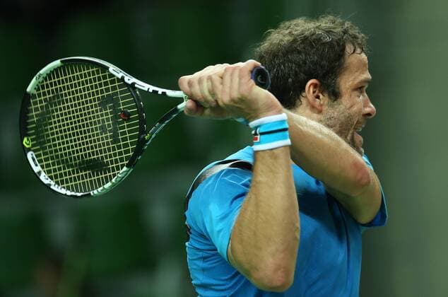 KAZAN, RUSSIA. MARCH 4, 2016. Russia s Teimuraz (Teymuraz) Gabashvili in a Davis Cup Group I Europe Africa Zone 1st Round tennis match against Sweden at Kazan Tennis Academy. Russia won 6-3, 6-1, 6-1. Yegor Aleyev TASS  TS01893D
