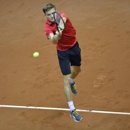 Belgian David Goffin pictured in action during the second game, a single game between Belgian David Goffin ATP Tennis Herren 16) and Croatian Borna Coric (ATP 47) on the first day of the Davis Cup first round World Group meeting between Belgium and Croatia, Friday 04 March 2016, in Angleur, Liege. The first round will be played from 04 to 06 March 2016, Liege. BENOITxDOPPAGNE  x04804510x
