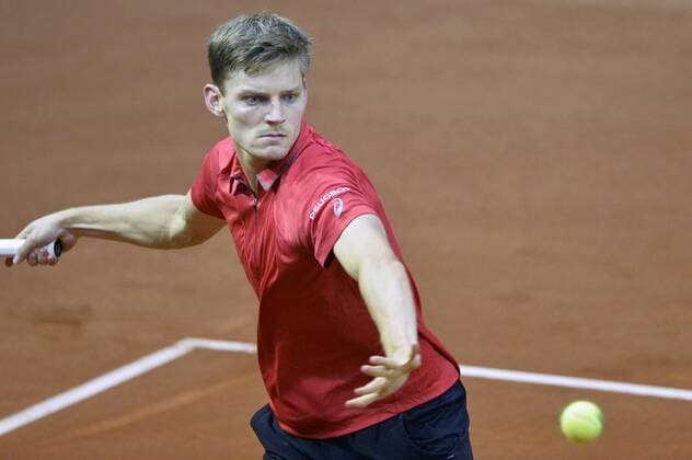 Belgian David Goffin pictured in action during the second game, a single game between Belgian David Goffin ATP Tennis Herren 16) and Croatian Borna Coric (ATP 47) on the first day of the Davis Cup first round World Group meeting between Belgium and Croatia, Friday 04 March 2016, in Angleur, Liege. The first round will be played from 04 to 06 March 2016, Liege. BENOITxDOPPAGNE  x04804543x