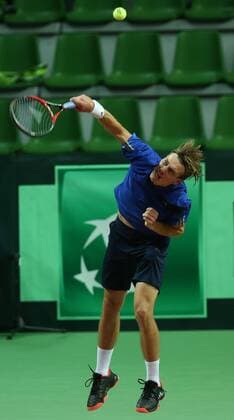 KAZAN, RUSSIA. MARCH 4, 2016. Sweden s Isak Arvidsson in a Davis Cup Group I Europe Africa Zone 1st Round tennis match against Russia at Kazan Tennis Academy. Russia won 6-3, 6-1, 6-1. Yegor Aleyev TASS  TS018938