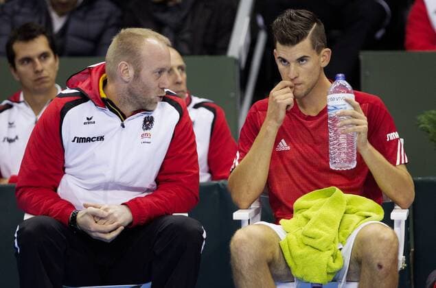 TENNIS - ITF, Davis Cup, POR vs AUT GUIMARAES,PORTUGAL,04.MAR.16 - TENNIS - ITF, Davis Cup, Portugal vs Austria. Image shows Stefan Koubek and Dominic Thiem (AUT). GEPAxpictures xMatthiasxHauer