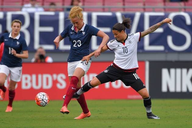 March 3, 2016 - Tampa, Florida, USA - Germany forward Dzsenifer Marozsan (10) and French midfielder Kheira Hamraoui (23) fight for a ball during a She Believes Cup game at Raymond James Stadium on March 3, 2016 in Tampa, Florida. Germany won 1-0. Germany vs France - ZUMAm63_
