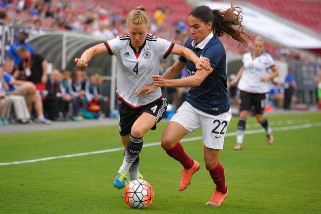 March 3, 2016 - Tampa, Florida, USA - Germany defender Leonie Maier (4) brings the ball upfield against French defender Amel Majri (22) during a She Believes Cup game at Raymond James Stadium on March 3, 2016 in Tampa, Florida. Germany won 1-0. Germany vs France - ZUMAm63_