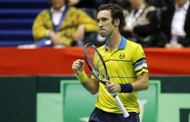 BELGRADE, March 4, 2016 -- Kazakhstan s Mikhail Kukushkin celebrates during Davis Cup World Group 1st round match against Serbia s Viktor Troicki in Belgrade, Serbia, March 4, 2016. ) (SP)SERBIA-BELGRADE-TENNIS-DAVIS CUP-SERBIA VS KAZAKHSTAN PredragxMilosavljevic 