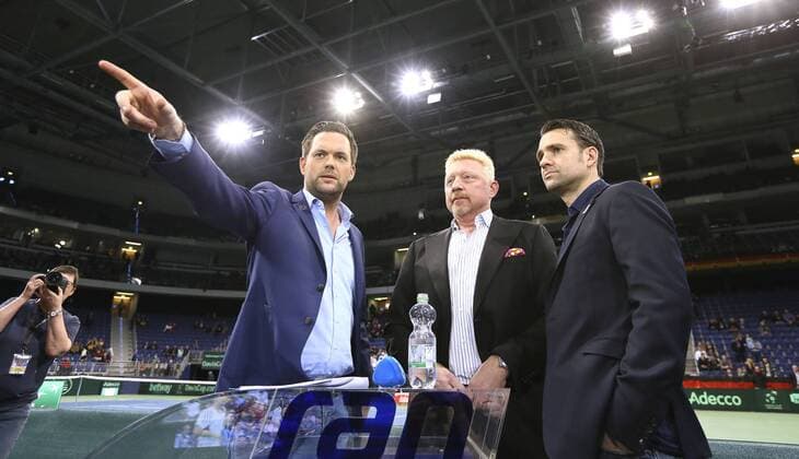 Foto : Boris Becker beim Fernseh Intervie ( GER ) , hier mit Nicolas Kiefer , rechts Tennis Daviscup am Fr. 04.03.2016 Deutschland - Tschechien