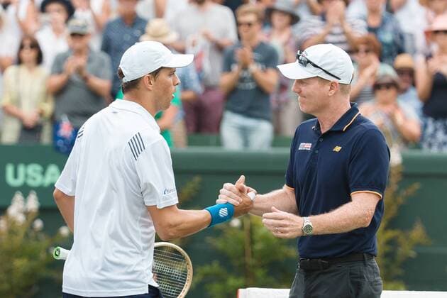 March 5, 2016: Jim Courier, captain of the US team congratulates Mike Bryan after winning the doubles match against Lleyton Hewitt and John Peers of Australia at the BNP Paribas Davis Cup World Group first round tie between Australia and USA at Kooyong tennis club in Melbourne, Australia. Tennis 2016: Davis Cup AUS v USA Day 2 - ZUMAc04_