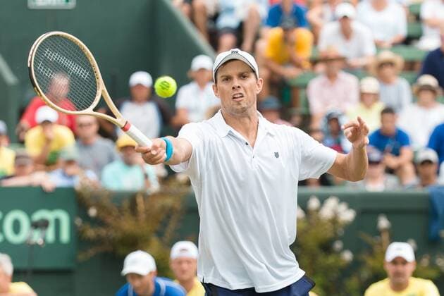 March 5, 2016: Mike Bryan of USA in action against Lleyton Hewitt and John Peers of Australia during the doubles match of the BNP Paribas Davis Cup World Group first round tie between Australia and USA at Kooyong tennis club in Melbourne, Australia. Tennis 2016: Davis Cup AUS v USA Day 2 - ZUMAc04_