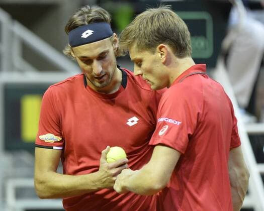 Belgian Ruben Bemelmans and Belgian Steve Darcis pictured during the third game, a double game between Belgians Steve Darcis and Ruben Bemelmans and Croatians Ivan Dodig and Franko Skogur, on the second day of the Davis Cup first round World Group meeting between Belgium and Croatia, Saturday 05 March 2016, in Angleur, Liege. BENOITxDOPPAGNE  x04804982x