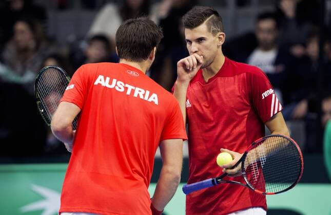 TENNIS - ITF, Davis Cup, POR vs AUT GUIMARAES,PORTUGAL,05.MAR.16 - TENNIS - ITF, Davis Cup, Portugal vs Austria, doubles. Image shows Alexander Peya and Dominic Thiem (AUT). GEPAxpictures xMatthiasxHauer