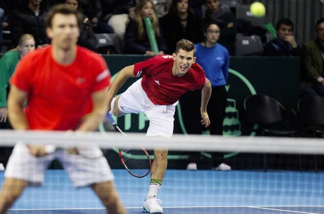 TENNIS - ITF, Davis Cup, POR vs AUT GUIMARAES,PORTUGAL,05.MAR.16 - TENNIS - ITF, Davis Cup, Portugal vs Austria, doubles. Image shows Alexander Peya and Dominic Thiem (AUT). GEPAxpictures xMatthiasxHauer