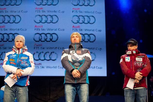 ALPINE SKIING - FIS World Cup KRANJSKA GORA,SLOVENIA,5.MAR.16 - ALPINE SKIING - FIS World Cup, Kranjska Gora, giant slalom, men, award ceremony. Image shows Alexis Pinturault (FRA), Marcel Hirscher (AUT) and Henrik Kristoffersen (NOR). GEPAxpictures xMaticxKlansek