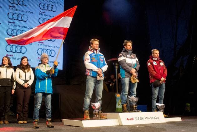 ALPINE SKIING - FIS World Cup KRANJSKA GORA,SLOVENIA,5.MAR.16 - ALPINE SKIING - FIS World Cup, Kranjska Gora, giant slalom, men, award ceremony. Image shows Alexis Pinturault (FRA), Marcel Hirscher (AUT) and Henrik Kristoffersen (NOR). GEPAxpictures xMaticxKlansek