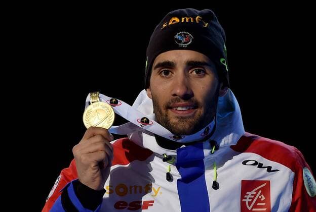 BIATHLON - IBU WC Oslo 2016 OSLO,NORWAY,05.MAR.16 - BIATHLON - IBU World Championships, 10km sprint, men, award ceremony. Image shows Martin Fourcade (FRA). Keywords: medal. GEPAxpictures xFlorianxErtl