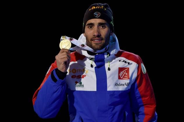 BIATHLON - IBU WC Oslo 2016 OSLO,NORWAY,05.MAR.16 - BIATHLON - IBU World Championships, 10km sprint, men, award ceremony. Image shows Martin Fourcade (FRA). Keywords: medal. GEPAxpictures xFlorianxErtl