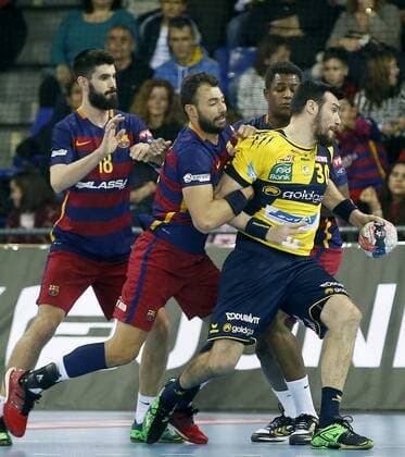 FC Barcelona Barca Lassa s Daniel Sarmiento (L), Rafael Baena (2L) and Alexander Petersson (2R) fights for the ball with Gedeon Guardiola (R) of Rhein-Neckar during their Handball Champions League game played at Palau Blaugrana stadium in Barcelona, Catalonia, Spain on 05 March 2016. FC BARCELONA LASSA VS RHEIN-NECKAR !ACHTUNG: NUR REDAKTIONELLE NUTZUNG!  20160305-635928135343406906