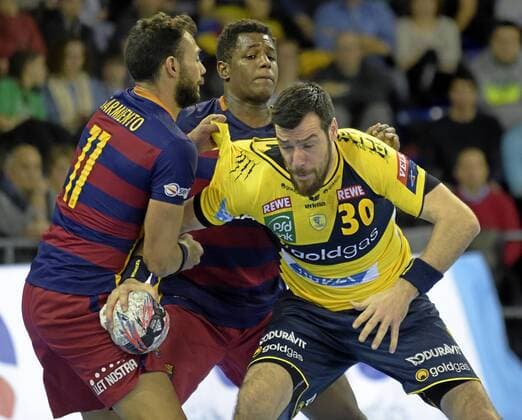 Handball, Champions League match between FC Barcelona and Rhein-Neckar Löwen. In this picture, Gedeon Guardiola, Sarmiento and Jallouz. xFRANCESCxADELANTADOx 