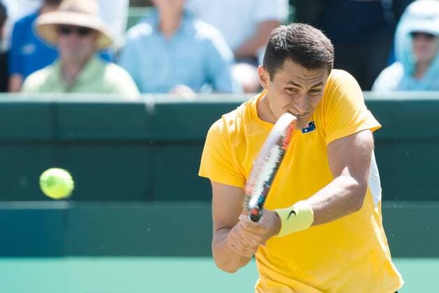 March 6, 2016: Bernard Tomic of Australia in action against John Isner of USA during the first reverse single match of the BNP Paribas Davis Cup World Group first round tie between Australia and USA at Kooyong tennis club in Melbourne, Australia. Tennis 2016: Davis Cup AUS v USA Day 3 - ZUMAc04_