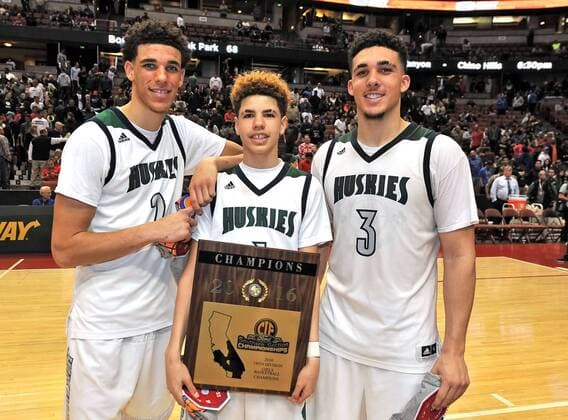 March 5, 2016 Anaheim, CA.The Ball Brothers Chino Hills guard Lonzo Ball 2, Chino Hills guard LaMelo Ball 1 and Chino Hills guard LiAngelo Ball 3 pose with the championship trophy after winning the CIF-SS Open division Final Boys Prep Basketball game between Chino Hills and Sierra Canyon at the Honda Center in Anaheim California..Chino Hills defeats Sierra Canyon 105-83. CA Prep Basketball 2016: Boys Open Division Southern Section Championship Chino Hills vs Sierra Canyon MAR 05 - ZUMAcl1_
