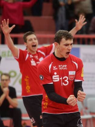 Tübingen , Volleyball Bundesliga TV Rottenburg vs. VSG Coburg Grub , vorne: Moritz Karlitzek ( Rott )