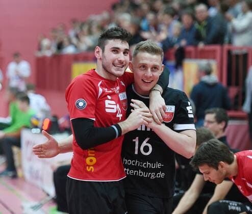 Volleyball 1. Bundesliga Saison 2015 2016 TV Rottenburg - VSG Coburg Grub 05.03.2016 JUBEL TV Rottenburg; Trainer Hans Peter Mueller - Angstenberger 