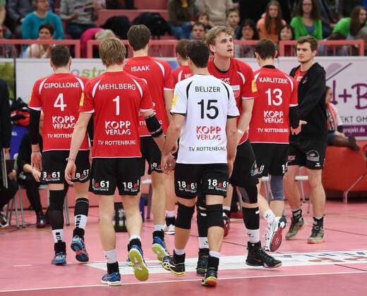 Volleyball 1. Bundesliga Saison 2015 2016 TV Rottenburg - VSG Coburg Grub 05.03.2016 Enttaeiuschung TV Rottenburg; Federico Cipollone, Dirk Mehlberg , Felix Isaak, Willy Belizer, Friederich Nagel und Moritz Karlitzek (v.li.) 