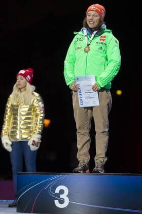 05.03.2016. Oslo Holmenkollen, Oslo, Norway. IBU Biathlon World Cup. Day One. Laura Dahlmeier of Germany third place winner of ladies 7.5km at the medal ceremony during the IBU World Championships Biathlon in Holmenkollen Oslo, Norway. xNigelxWaldronx  ActionPlus11715017