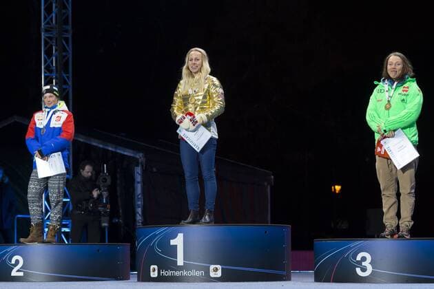 05.03.2016. Oslo Holmenkollen, Oslo, Norway. IBU Biathlon World Cup. Day One. Marie Dorin Habert of France second place, Tiril Eckhoff of Norway first place and Laura Dahlmeier of Germany third place winner of ladies 7.5km medal ceremony during the IBU World Championships Biathlon in Holmenkollen Oslo, Norway. xNigelxWaldronx  ActionPlus11715023