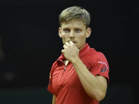 Belgian David Goffin reacts during the fourth game between Belgian David Goffin and Croatian Marin Cilic, on the third day of the Davis Cup first round World Group meeting between Belgium and Croatia, Sunday 06 March 2016, in Angleur, Liege. BENOITxDOPPAGNE  x04805770x