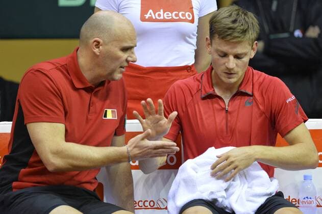 Belgian captain Johan Van Herck and Belgian David Goffin pictured during the fourth game between Belgian David Goffin and Croatian Marin Cilic, on the third day of the Davis Cup first round World Group meeting between Belgium and Croatia, Sunday 06 March 2016, in Angleur, Liege. BENOITxDOPPAGNE  x04805776x