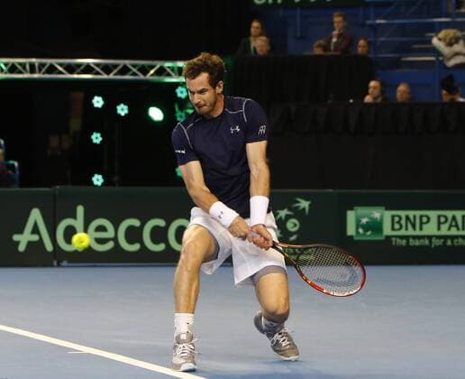 06.03.2016. Barclaycard Arena, Birmingham, England. Davis Cup Tennis World Group First Round. Great Britain versus Japan. Great Britain s Andy Murray hits a backhand during his singles match against Japan s Kei Nishikori on day 3 of the tie. xAlanxMartinx  ActionPlus11715067