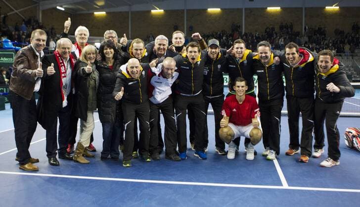 Tennis, Davis Cup, Portugal - Österreich TENNIS - ITF, Davis Cup, POR vs AUT GUIMARAES,PORTUGAL,06.MAR.16 - TENNIS - ITF, Davis Cup, Portugal vs Austria. Image shows the rejoicing of team Austria. GEPAxpictures xMatthiasxHauer