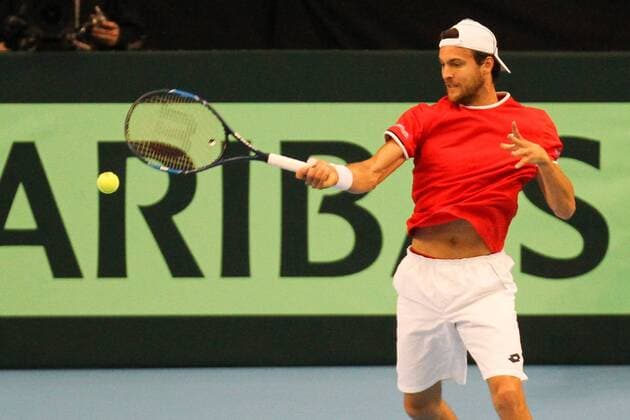 Tennis, Davis Cup, Portugal - Österreich TENNIS - Portugal player Joao Sousa in action during the match against Dominic Thiem of Austria, at the Davis Cup, Group 1, First Round of the Euope Africa Zone. Guimaraes, Portugal. Sunday, 6th March 2016. Photo: IMAGO Pedro Benavente
