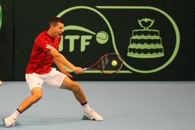 Tennis, Davis Cup, Portugal - Österreich TENNIS - Austria player Dominic Thiem in action during the match against Joao Sousa of Portugal, at the Davis Cup, Groupa 1, First Round of the Euope Africa Zone. Guimaraes, Portugal. Sunday, 6th March 2016. Photo: IMAGO Pedro Benavente