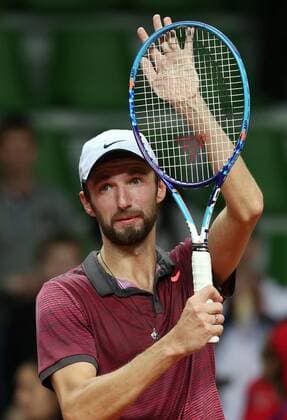 Tennis, Davis Cup, Russland - Schweden KAZAN, RUSSIA. MARCH 6, 2016. Russia s tennis player Konstantin Kravchuk reacts in Rubber 5 of the Davis Cup Group I Europe Africa Zone 1st Round tie against Sweden at Kazan Tennis Academy. Kravchuk won 6-2, 6-2. Russia won the tie 5-0. Yegor Aleyev TASS  TS018B48
