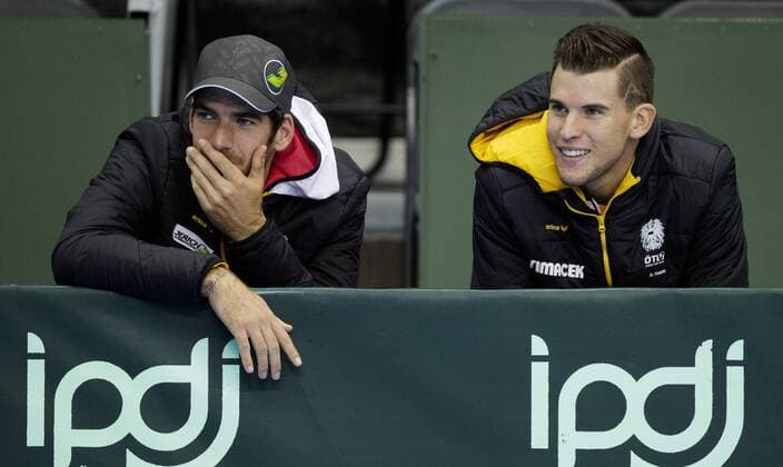 Tennis, Davis Cup, Portugal - Österreich TENNIS - ITF, Davis Cup, POR vs AUT GUIMARAES,PORTUGAL,06.MAR.16 - TENNIS - ITF, Davis Cup, Portugal vs Austria. Image shows Gerald Melzer and Dominic Thiem (AUT). GEPAxpictures xMatthiasxHauer