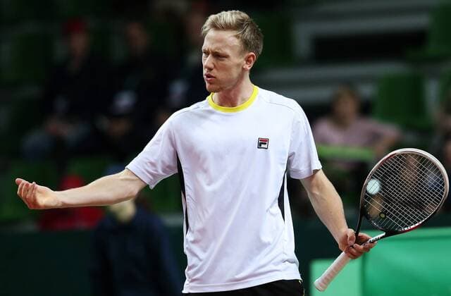 Tennis, Davis Cup, Russland - Schweden KAZAN, RUSSIA. MARCH 6, 2016. Sweden s tennis player Daniel Windahl gestures in Rubber 5 of the Davis Cup Group I Europe Africa Zone 1st Round tie against Russia at Kazan Tennis Academy. Windahl lost 6-2, 6-2. Sweden lost the tie 5-0. Yegor Aleyev TASS  TS018B45