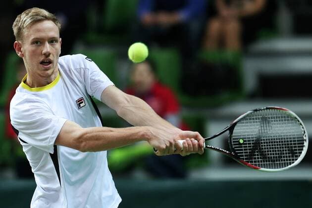 Tennis, Davis Cup, Russland - Schweden KAZAN, RUSSIA. MARCH 6, 2016. Sweden s tennis player Daniel Windahl returns the ball in Rubber 5 of the Davis Cup Group I Europe Africa Zone 1st Round tie against Russia at Kazan Tennis Academy. Windahl lost 6-2, 6-2. Sweden lost the tie 5-0. Yegor Aleyev TASS  TS018B41