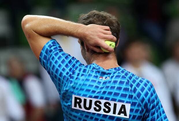 Tennis, Davis Cup, Russland - Schweden KAZAN, RUSSIA. MARCH 6, 2016. Russia s tennis player Teimuraz (Teymuraz) Gabashvili in Rubber 4 of the Davis Cup Group I Europe Africa Zone 1st Round tie against Sweden at Kazan Tennis Academy. Gabashvili won 6-4, 6-0. Russia won the tie 5-0. Yegor Aleyev TASS  TS018B30