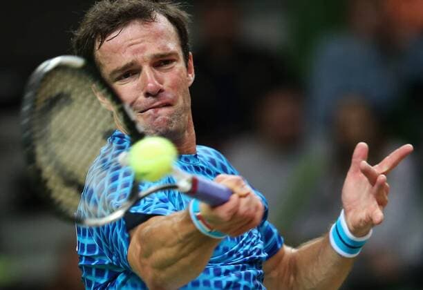 Tennis, Davis Cup, Russland - Schweden KAZAN, RUSSIA. MARCH 6, 2016. Russia s tennis player Teimuraz (Teymuraz) Gabashvili returns the ball in Rubber 4 of the Davis Cup Group I Europe Africa Zone 1st Round tie against Sweden at Kazan Tennis Academy. Gabashvili won 6-4, 6-0. Russia won the tie 5-0. Yegor Aleyev TASS  TS018B2E