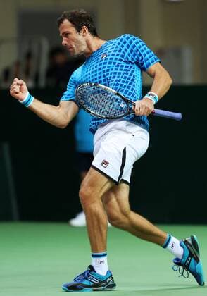 Tennis, Davis Cup, Russland - Schweden KAZAN, RUSSIA. MARCH 6, 2016. Russia s tennis player Teimuraz (Teymuraz) Gabashvili pumps his fist in Rubber 4 of the Davis Cup Group I Europe Africa Zone 1st Round tie against Sweden at Kazan Tennis Academy. Gabashvili won 6-4, 6-0. Russia won the tie 5-0. Yegor Aleyev TASS  TS018B11