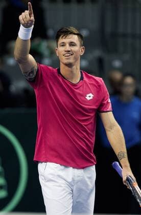 Tennis, Davis Cup, Portugal - Österreich TENNIS - ITF, Davis Cup, POR vs AUT GUIMARAES,PORTUGAL,06.MAR.16 - TENNIS - ITF, Davis Cup, Portugal vs Austria. Image shows the rejoicing of Dennis Novak (AUT). GEPAxpictures xMatthiasxHauer