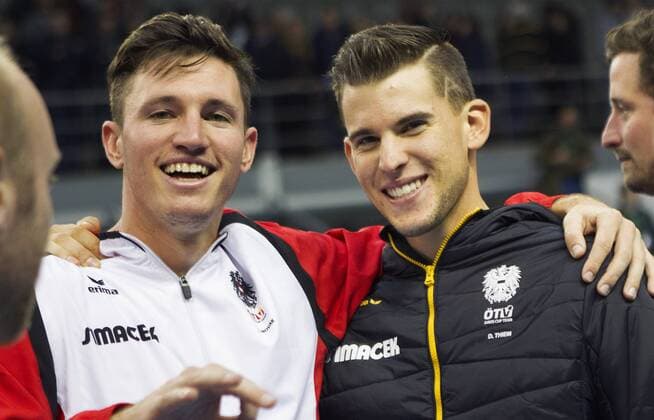 Tennis, Davis Cup, Portugal - Österreich TENNIS - ITF, Davis Cup, POR vs AUT GUIMARAES,PORTUGAL,06.MAR.16 - TENNIS - ITF, Davis Cup, Portugal vs Austria. Image shows Dennis Novak and Dominic Thiem (AUT). GEPAxpictures xMatthiasxHauer