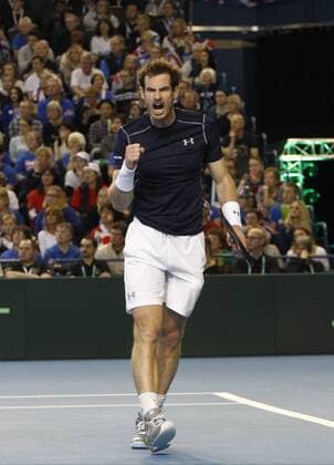 06.03.2016. Barclaycard Arena, Birmingham, England. Davis Cup Tennis World Group First Round. Great Britain versus Japan. Great Britain s Andy Murray celebrates hitting a winner during his singles match against Japan s Kei Nishikori on day 3 of the tie. xAlanxMartinx  ActionPlus11715230