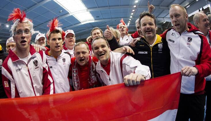 Tennis, Davis Cup, Portugal - Österreich TENNIS - ITF, Davis Cup, POR vs AUT GUIMARAES,PORTUGAL,06.MAR.16 - TENNIS - ITF, Davis Cup, Portugal vs Austria. Image shows team Austria, fans and officials. GEPAxpictures xMatthiasxHauer