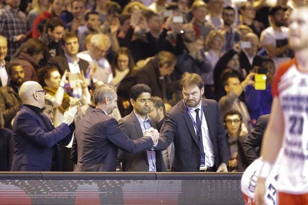 Jean-Claude Blanc (psg) shake hands mit Bruno Martini (manager PSG Handball), Nasser Al-Khelaifi (psg), PSG Handball HANDBALL : PSG Handball vs SG Flensburg-Handewitt Champions League Handball - 06 03 2016 StephaneAllaman 