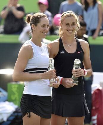 Croatian Petra Marttic (R) and US Maria Sanchez (L) pose with their second place trophys after the doubles final against Spanish Anabel Medina (R) and Arantxa Parra at Monterrey Open in Monterrey, Mexico, 6 March 2016. MONTERREY OPEN !ACHTUNG: NUR REDAKTIONELLE NUTZUNG!  20160306-635929054789386764