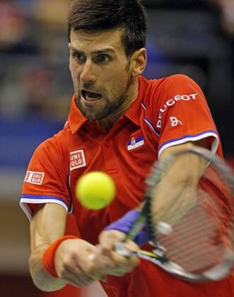 BELGRADE, March 6, 2016 -- Serbia s tennis player Novak Djokovic returns a shot to Kazakhstan s Mikhail Kukushkin during the Davis Cup World Group first round match between Serbia and Kazakhstan at Aleksandar Nikolic hall in Belgrade, on March 6, 2016. Djokovic won 3-2. ) (SP)SERBIA-BELGRADE-TENNIS-DAVIS CUP-SERBIA VS KAZAKHSTAN PredragxMilosavljevic 