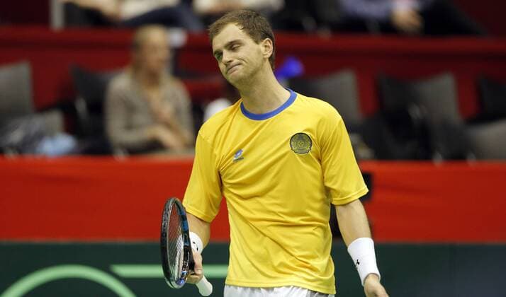 BELGRADE, March 6, 2016 -- Kazakhstan s Aleksandr Nedovyesov reacts after losing a point to Serbia s Viktor Troicki during the Davis Cup World Group first round match between Serbia and Kazakhstan at Aleksandar Nikolic hall in Belgrade, on March 6, 2016. Troicki won 3-0 in the final match and brought overall victory over Kazakhstan. Serbia will compete with Great Britain in quarterfinals scheduled for July 15-17.) (SP)SERBIA-BELGRADE-TENNIS-DAVIS CUP-SERBIA VS KAZAKHSTAN PredragxMilosavljevic 