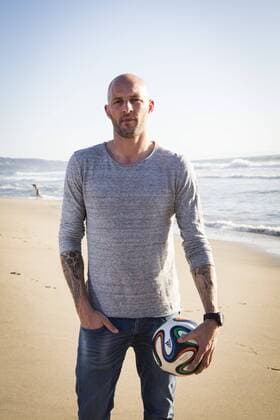 February 25, 2015 - Manhattan Beach, California, United States: The LA Galaxy soccer team newly acquired Belgian defender Jelle Van Damme at the beach in Manhattan Beach. Van Damme captained Standard Liege, for which he made 205 appearances since joining the team in 2011. He has also had stints with Germinal Beerschot (Belgium), Ajax (Netherlands), Southampton (England), Werder Bremen (Germany), Anderlecht (Belgium) and Wolverhampton Wanderers (England) and has made 30 appearances for the Belgium national team Nationalteam While at Anderlecht he was involved in a controversial racial incident when U.S. national team defender Oguchi Onyewu, an African American then with Standard Liege, accused Van Damme of calling him a dirty monkey. Onyewu sued Van Damme but the case was withdrawn after the players met and Van Damme apologized. Van Damme can play both on the back line and in the midfield. (Nancy Pastor Polaris) PICTURE NOT INCLUDED IN THE CONTRACTS local caption 05389726 Belgian defender Jelle Van Damme joins LA Galaxy PhotoNews Polaris, 05389726