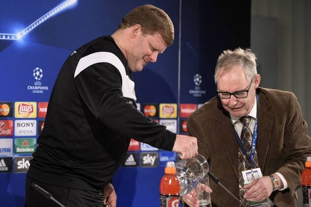 Gent s head coach Hein Vanhaezebrouck and the Dutch-German translator pictured at the start of a press conference PK Pressekonferenz of Belgian first league soccer team KAA Gent, Monday 07 March 2016 in Wolfsburg, Germany. Gent is preparing for the return leg of the 1 8 finals of the UEFA Champions League competition against German club VfL Wolfsburg Tomorrow. Wolfsburg won the first leg 2-3. YORICKxJANSENS  x04806702x